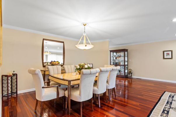 Dining room, Interior, Pendant Lights, Recessed Lighting, Wood Texture Flooring