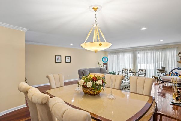 Dining room, Interior, Pendant Lights, Recessed Lighting, Wood Texture Flooring