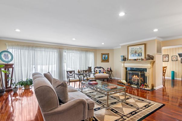 Dining room, Fireplace, Interior, Living room, Recessed Lighting, Wood Texture Flooring