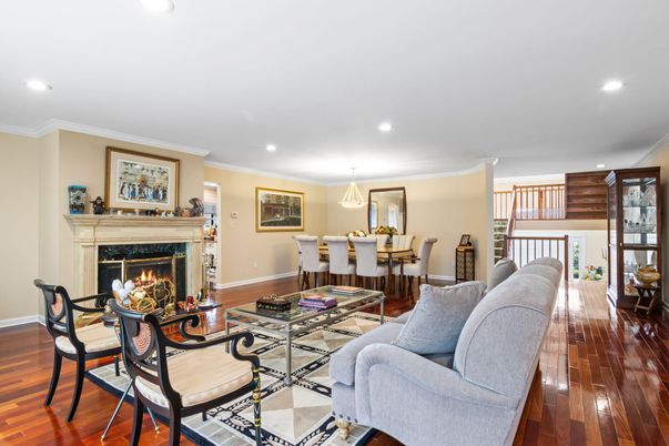 Dining room, Fireplace, Interior, Living room, Pendant Lights, Recessed Lighting, Wood Texture Flooring