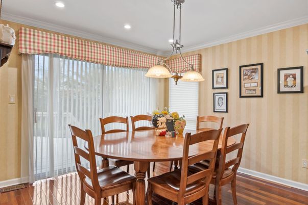 Dining room, Interior, Pendant Lights, Recessed Lighting, Wood Texture Flooring
