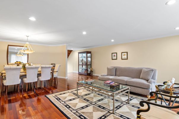 Dining room, Interior, Living room, Pendant Lights, Recessed Lighting, Wood Texture Flooring