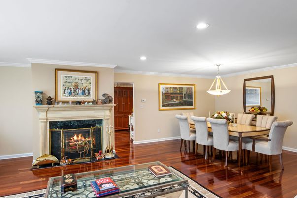 Dining room, Fireplace, Interior, Pendant Lights, Recessed Lighting, Wood Texture Flooring