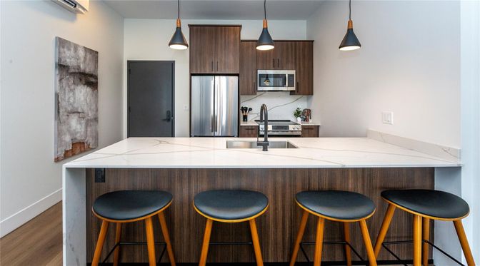 Interior, Kitchen, Pendant Lights, Stainless Steel Appliances, Wood Texture Flooring