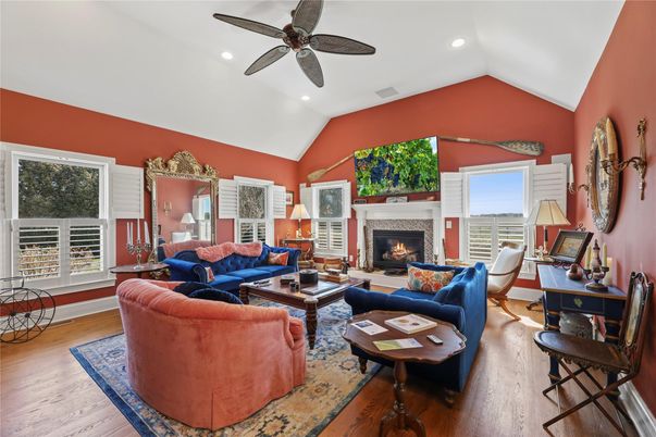 Fireplace, Interior, Living room, Recessed Lighting, Wood Texture Flooring