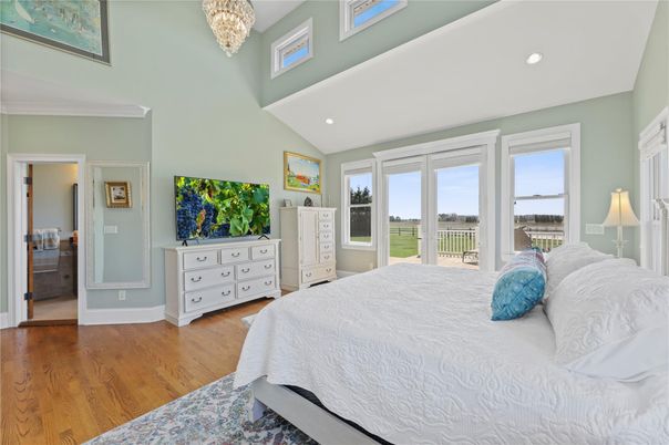 Bedroom, Chandelier, Interior, Recessed Lighting, Wood Texture Flooring