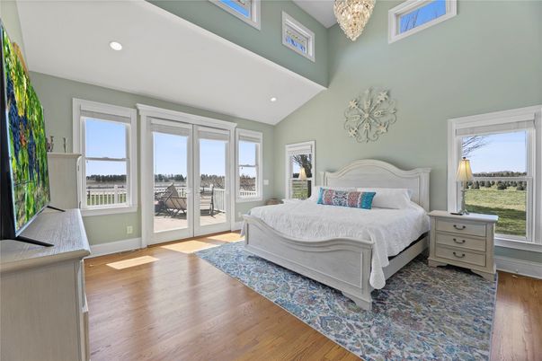 Bedroom, Chandelier, Interior, Recessed Lighting, Wood Texture Flooring