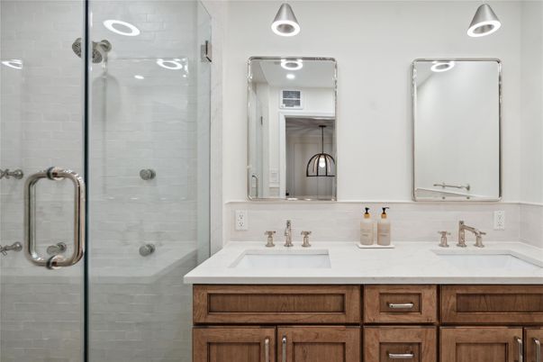 Bathroom, Dual Sink Vanities, Glass Shower, Interior, Recessed Lighting