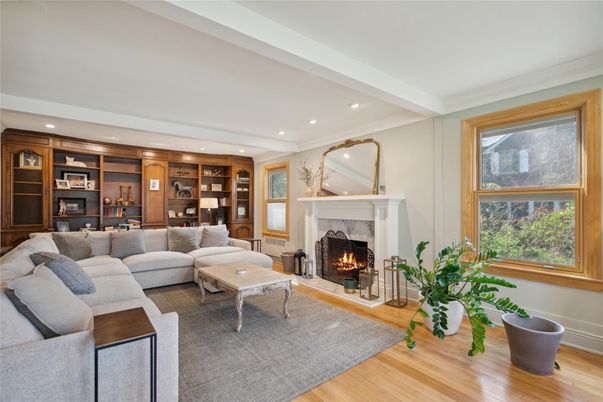 Dining room, Fireplace, Interior, Living room, Recessed Lighting, Wood Texture Flooring