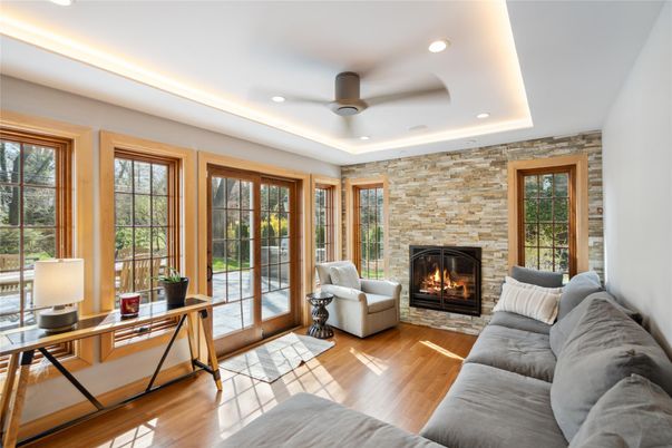 Fireplace, Home Office, Interior, Living room, Recessed Lighting, Stone Walls, Wood Texture Flooring