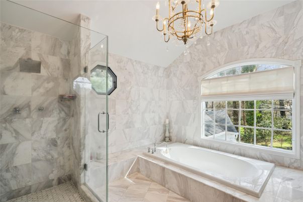 Bathroom, Chandelier, Glass Shower, Interior, Marble Walls