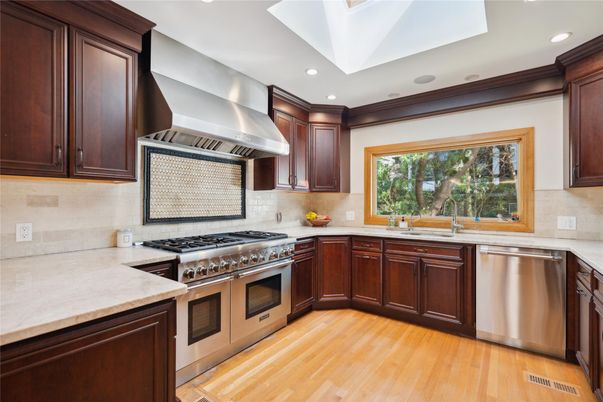 Interior, Kitchen, Recessed Lighting, Stainless Steel Appliances, Wood Texture Flooring