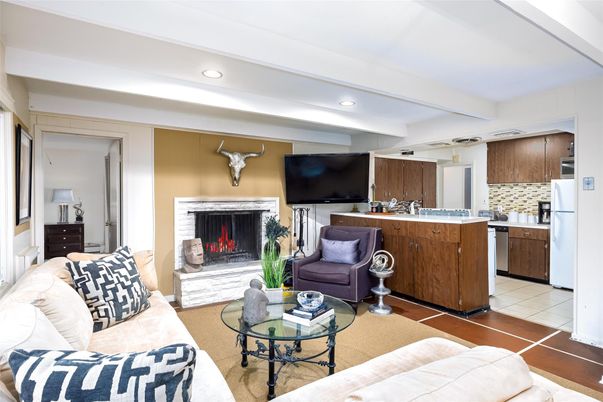 Fireplace, Interior, Kitchen, Living room, Recessed Lighting