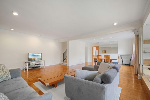Dining room, Interior, Living room, Recessed Lighting, Wood Texture Flooring