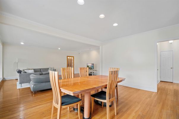 Dining room, Interior, Recessed Lighting, Wood Texture Flooring
