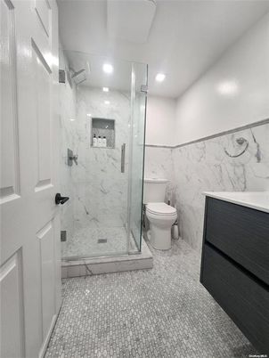 Bathroom, Glass Shower, Interior, Marble Walls, Recessed Lighting