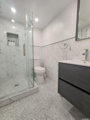 Bathroom, Glass Shower, Interior, Marble Walls, Recessed Lighting