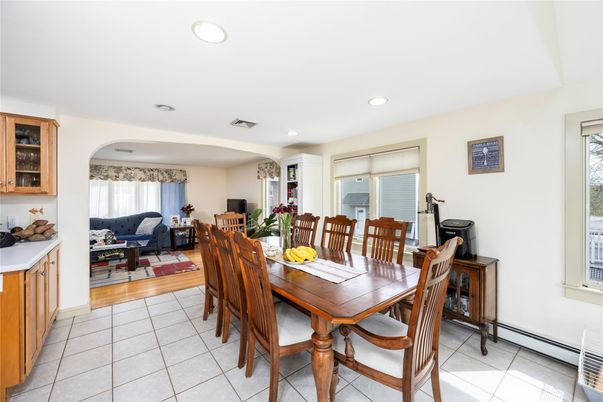 Dining room, Interior, Living room, Recessed Lighting, Wood Texture Flooring