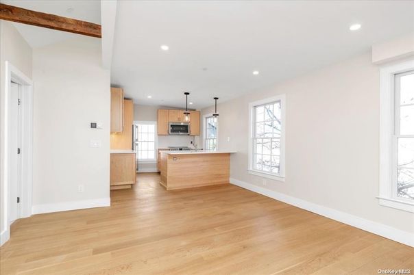 Interior, Kitchen, Pendant Lights, Recessed Lighting, Wooden Beams, Wood Texture Flooring