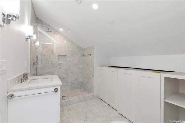 Bathroom, Glass Shower, Interior, Marble, Marble Walls, Recessed Lighting