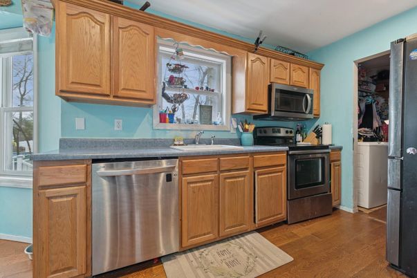 Interior, Kitchen, Recessed Lighting, Stainless Steel Appliances, Wood Texture Flooring