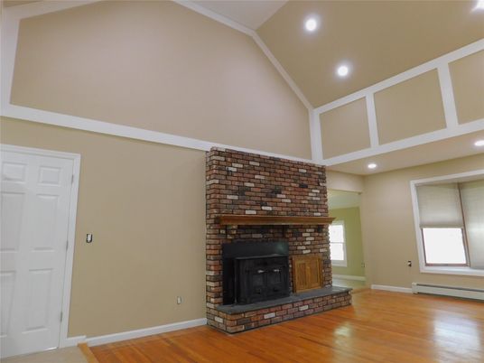Empty room, Fireplace, Interior, Recessed Lighting, Wood Texture Flooring