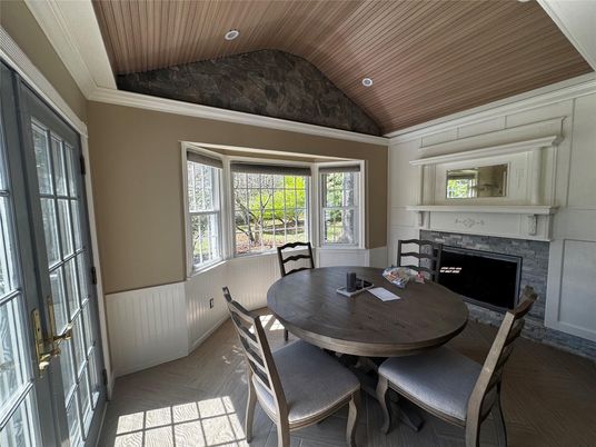 Dining room, Fireplace, Interior, Wooden Ceilings, Wood Texture Flooring
