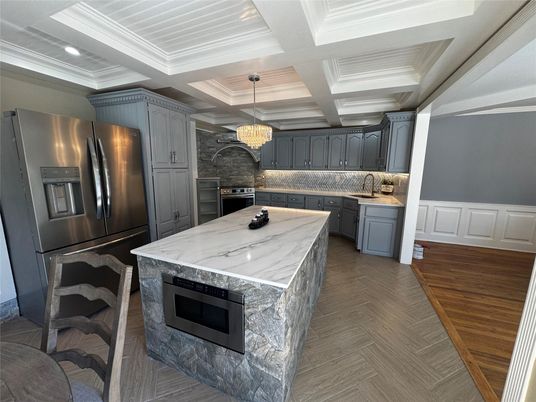 Chandelier, Interior, Kitchen, Recessed Lighting, Stainless Steel Appliances, Wood Texture Flooring