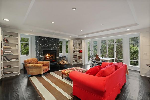 Dining room, Fireplace, Interior, Living room, Recessed Lighting, Wood Texture Flooring