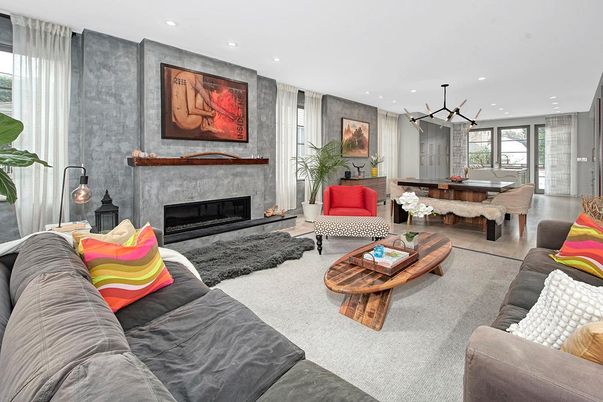Dining room, Fireplace, Interior, Living room, Pendant Lights, Recessed Lighting