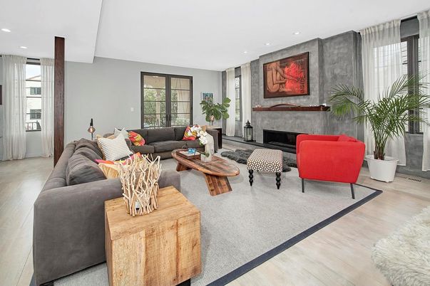 Fireplace, Interior, Living room, Recessed Lighting, Wood Texture Flooring