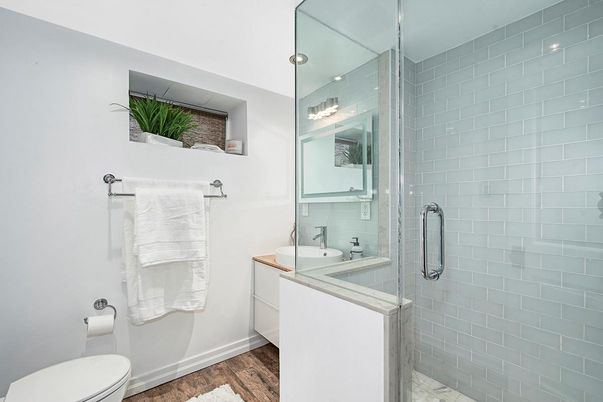 Bathroom, Glass Shower, Interior, Recessed Lighting, Wood Texture Flooring