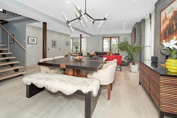 Dining room, Interior, Living room, Pendant Lights, Recessed Lighting, Wood Texture Flooring