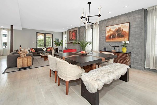 Dining room, Interior, Living room, Pendant Lights, Recessed Lighting, Wood Texture Flooring