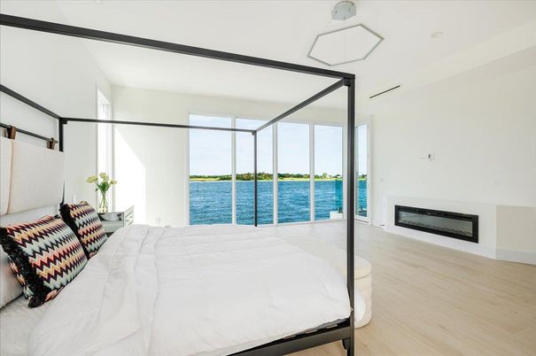 Bedroom, Fireplace, Interior, Water, Wood Texture Flooring