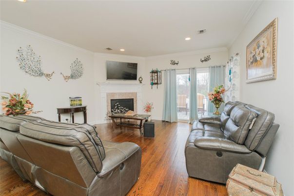 Fireplace, Interior, Living room, Recessed Lighting, Wood Texture Flooring