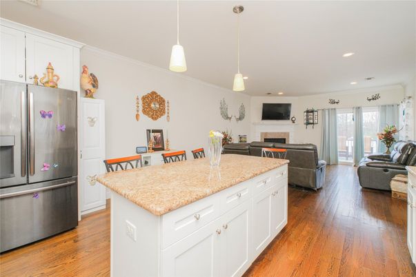 Dining room, Fireplace, Interior, Kitchen, Living room, Pendant Lights, Recessed Lighting, Wood Texture Flooring