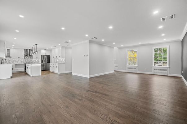 Empty room, Interior, Kitchen, Pendant Lights, Recessed Lighting, Wood Texture Flooring