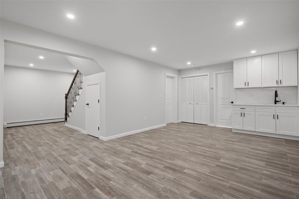 Empty room, Interior, Kitchen, Recessed Lighting, Wood Texture Flooring