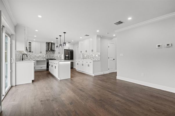 Interior, Kitchen, Pendant Lights, Recessed Lighting, Wood Texture Flooring