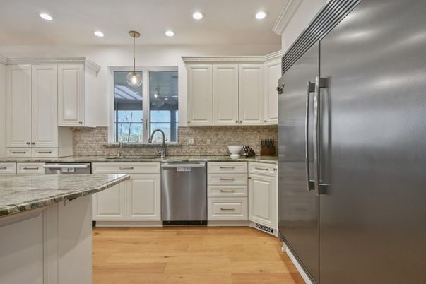 Interior, Kitchen, Pendant Lights, Recessed Lighting, Stainless Steel Appliances, Wood Texture Flooring