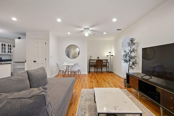 Dining room, Interior, Recessed Lighting, Wood Texture Flooring