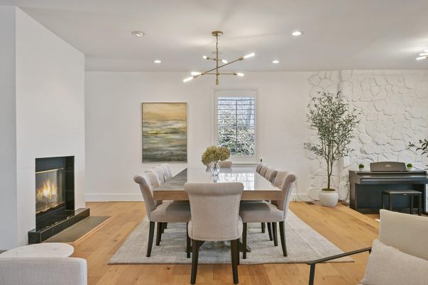 Dining room, Fireplace, Interior, Pendant Lights, Piano, Recessed Lighting, Wood Texture Flooring