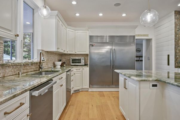 Interior, Kitchen, Pendant Lights, Recessed Lighting, Stainless Steel Appliances, Wood Texture Flooring