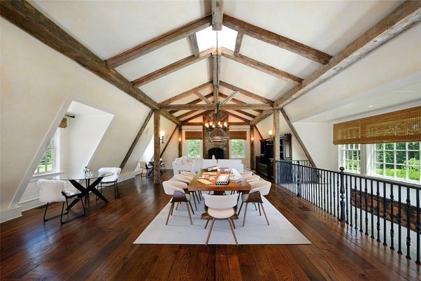 Dining room, Interior, Recessed Lighting, Wooden Beams, Wood Texture Flooring