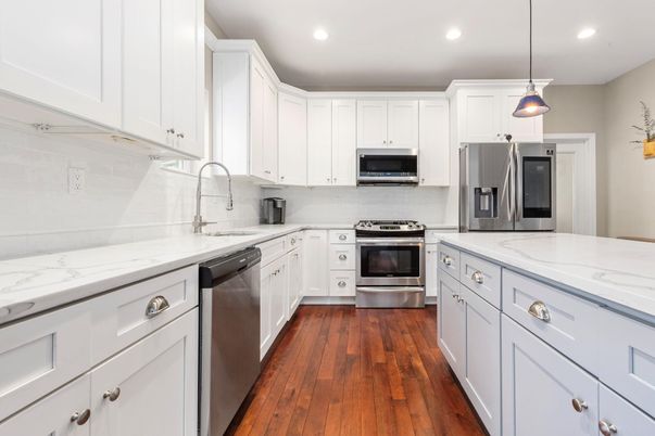 Interior, Kitchen, Pendant Lights, Recessed Lighting, Stainless Steel Appliances, Wood Texture Flooring