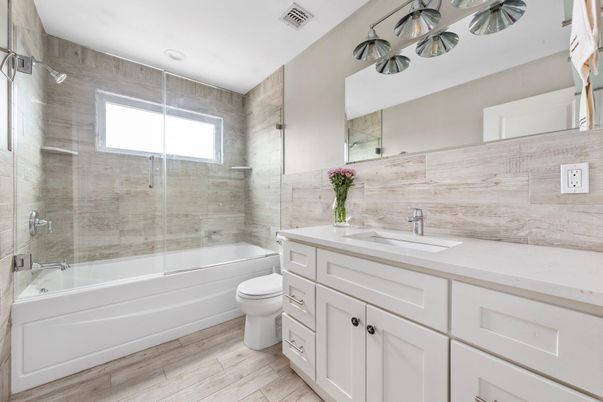 Bathroom, Glass Shower, Interior, Wood Texture Flooring