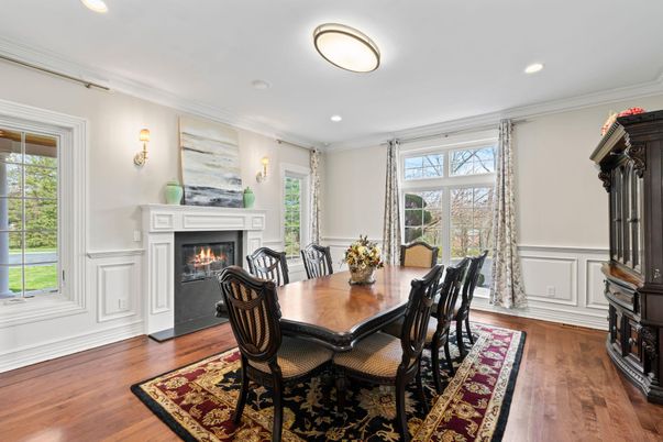 Dining room, Fireplace, Interior, Recessed Lighting, Wood Texture Flooring