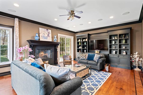Fireplace, Interior, Living room, Recessed Lighting, Wood Texture Flooring