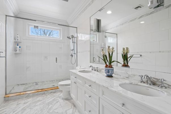 Bathroom, Dual Sink Vanities, Glass Shower, Interior, Marble, Recessed Lighting